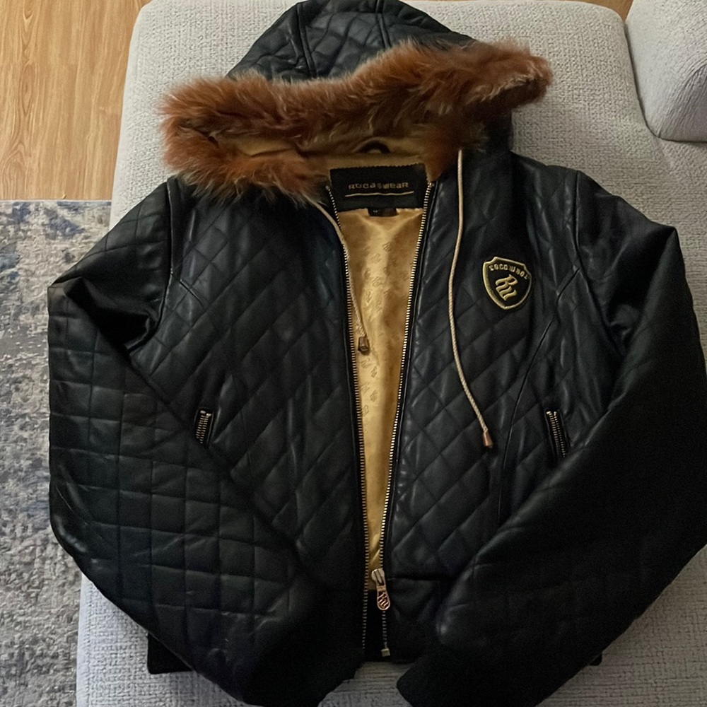 Vintage Authentic Leather Rocawear Winter Jacket with Fox fur trim around hood